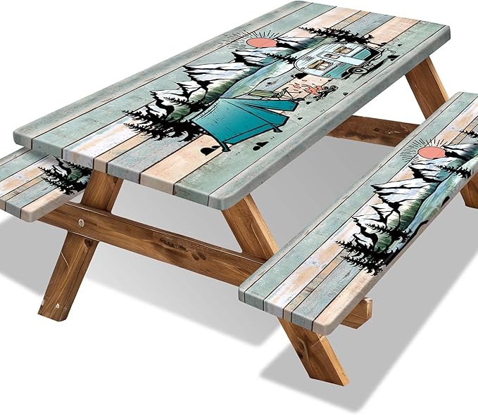 Picnic Table Cover with Bench Covers 6FT Outdoor Camping Essentials Waterproof Fitted Picnic Table Cloth Wood Texture Fitted Picnic Tablecloth with Elastic(3pcs-72")