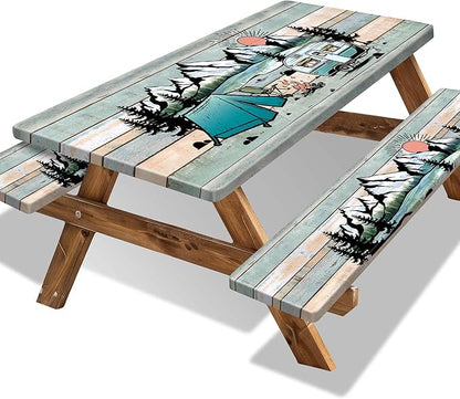 Picnic Table Cover with Bench Covers 6FT Outdoor Camping Essentials Waterproof Fitted Picnic Table Cloth Wood Texture Fitted Picnic Tablecloth with Elastic(3pcs-72")