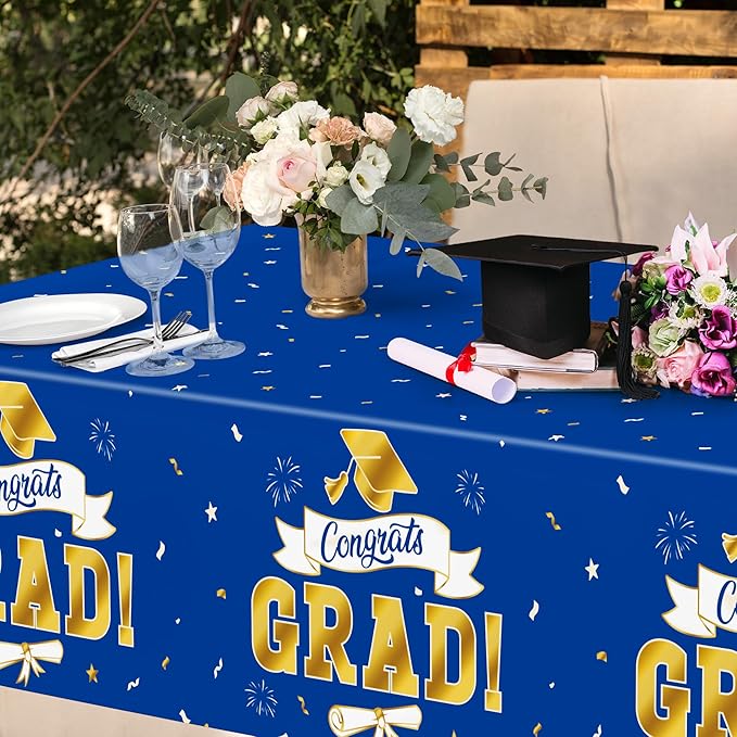 2Pack 2026 Graduation Decorations, 108" X 54" Graduation Tablecloth, Bluegold Disposable Table Cloths for Grad Party Favors Supplies, Rectangle Plastic Tablecover for Class 2026 Congrats Grad for Kids
