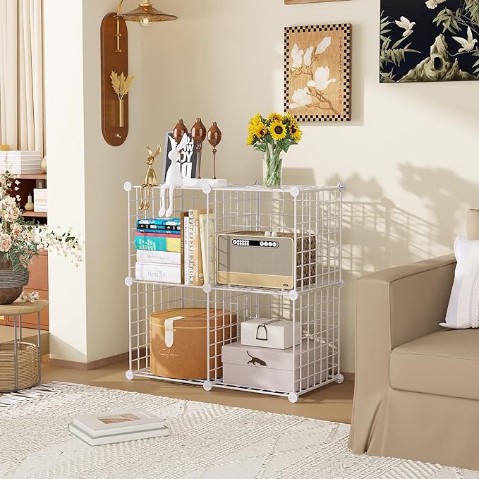 C&AHOME Wire Cube Storage, 4-Cube Storage Organizer Metal, C Grids Storage Bins Shelving, Modular Bookshelf Shelf, Closet Cabinet Ideal for Bedroom, Office 12.4”L x 24.8”W 36.6”H White UWCS3004W