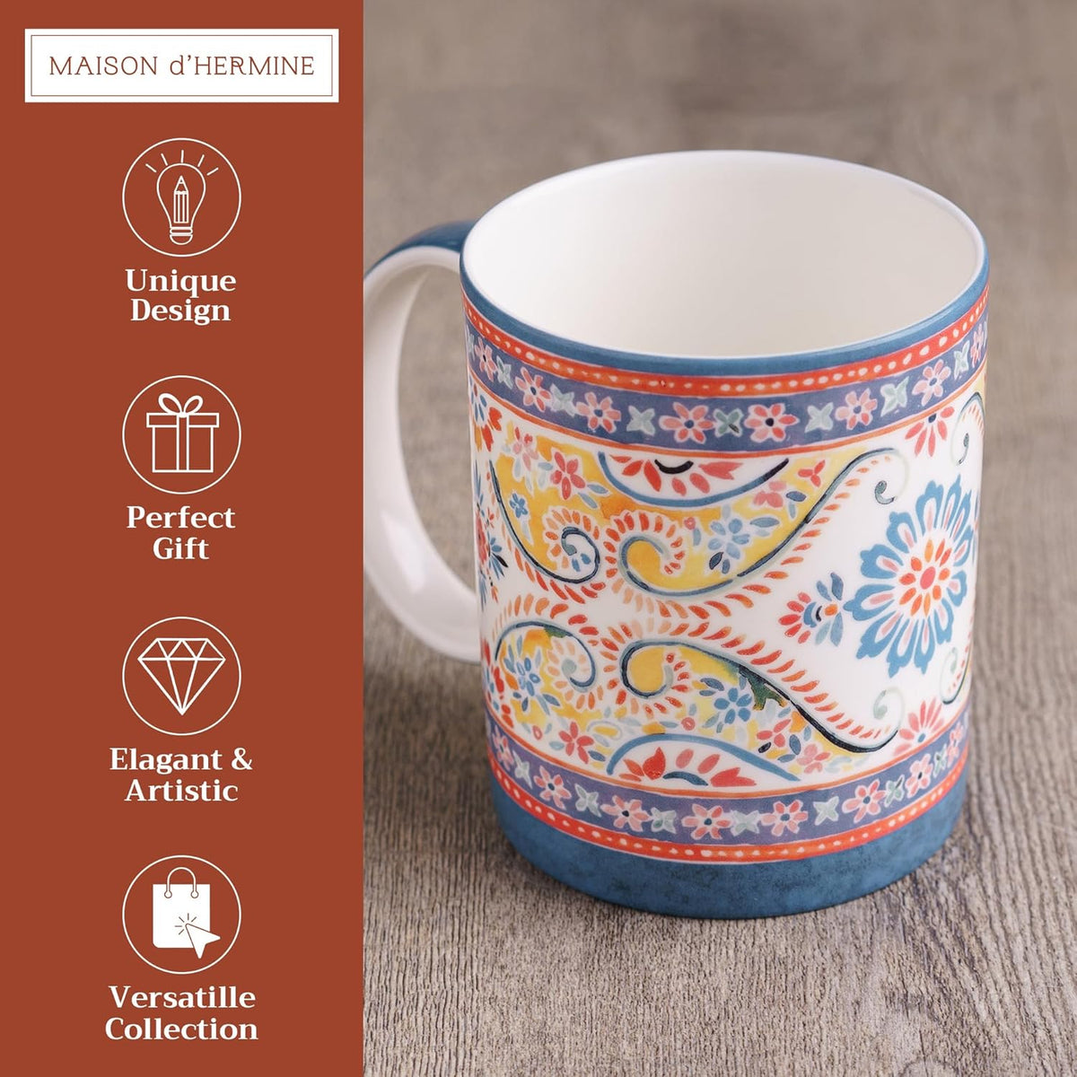 Maison d' Hermine Coffee Mug with Handles Fine Bone China Mugs Pack of One Tea Cups for Hot Beverages Cappuccino Latte Home Restaurant Office Perfect for Gift (Indian Floral - Butta, 12 Ounce)