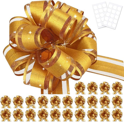 24pcs Gold Pull Bow for Gift Basket Wrapping Xmas Gift Bows Presents Adhesive Wrap Ribbon Bow for Christmas Tree Ornament Wine Bottles Bouquet Flower Valentine's Day Party Decor (Gold-G)