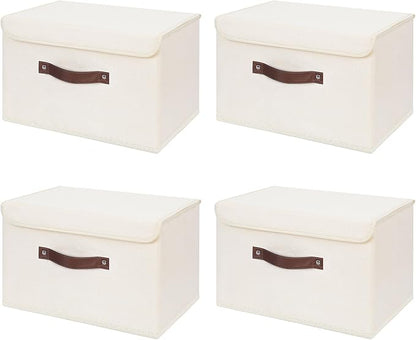 ANMINY 4PCS Storage Bins with Lid PU Leather Handles Storage Boxes PP Plastic Board Decorative Foldable Lidded Cotton Linen Fabric Home Cubes Baskets Closet Organizer Containers - Beige, Large Size