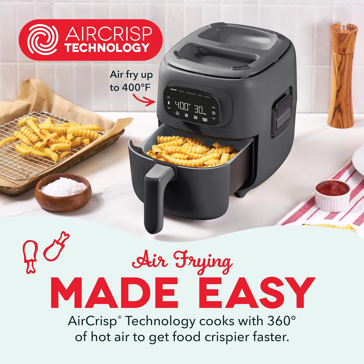 Dash Flip & Fry™ Digital 2-in-1 Grill + Air Fryer with 5 functions, 3 Qt Capacity, Air fryer & Indoor Grill for fries, wings, burgers and more - Forged Iron