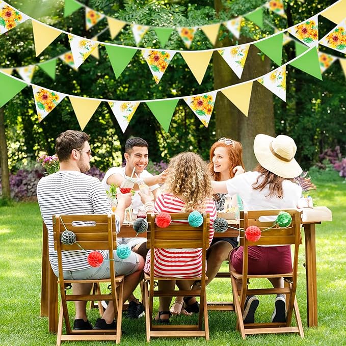 G2PLUS 39Ft Triangle Bunting Banner, Yellow & Green Sunflower Garland Pennant Banner, Reusable Cotton Triangle Flags Party Decoration for Garden Party, Fall Decor & Outdoor Celebrations