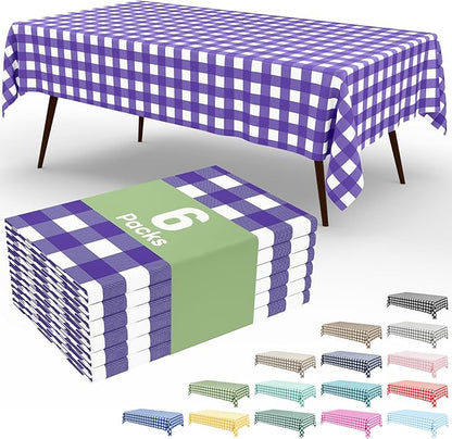 Smiry 6 Pack Purple Gingham Disposable Tablecloths - 54" x 108" Heavy Duty Plastic Table Cloth, Waterproof Buffalo Plaid Table Covers for Picnic, Banquets, Parties