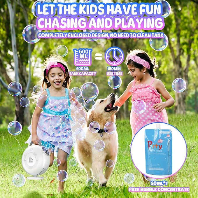 Bubble Machine, Automatic Bubble Blower for Kids Toddlers, 8000+ Bubbles Per Minute, 90° 200° Oscillating Electric Plug-in or Batteries Bubble Maker Toys for Outdoor Birthday Party - Light White