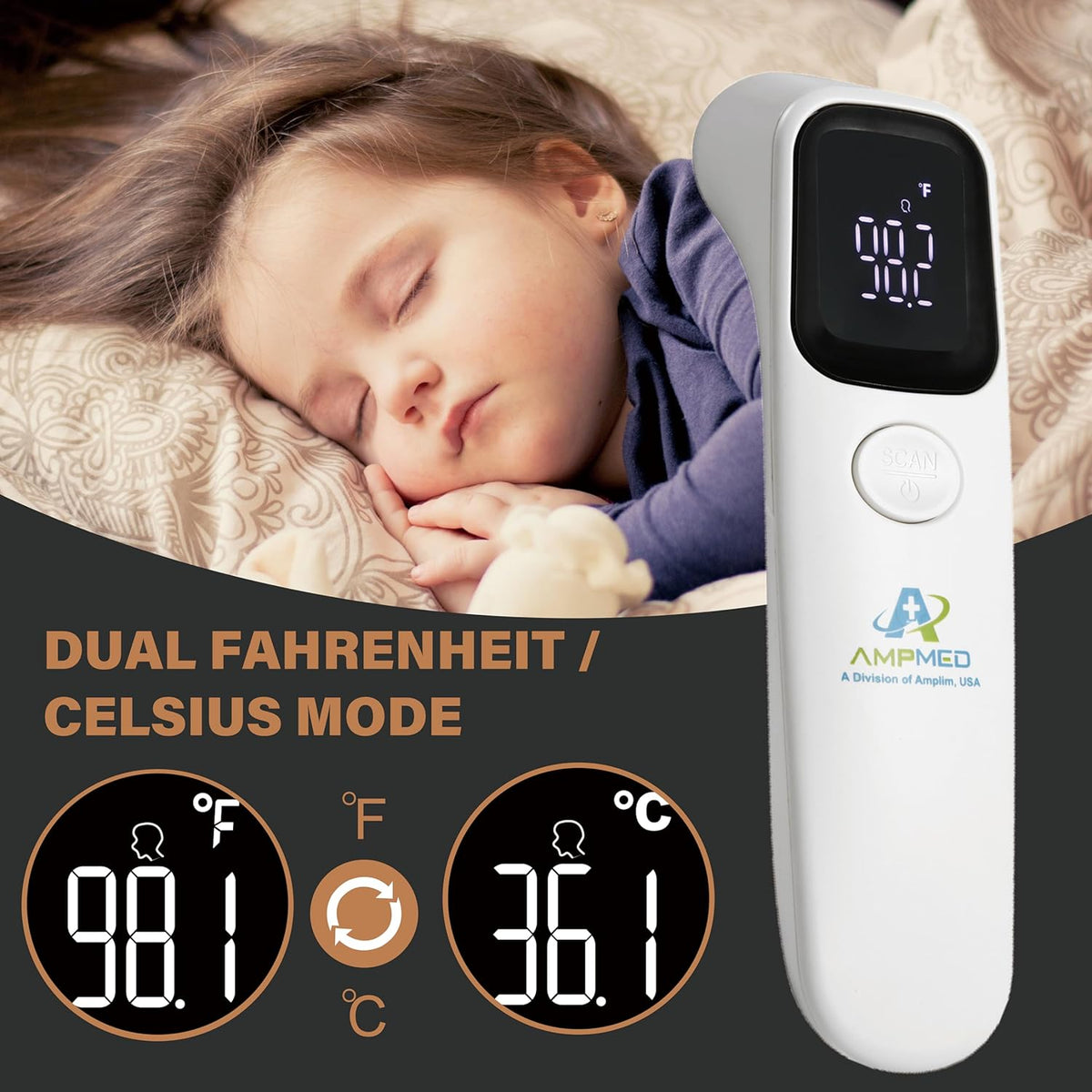 Amplim Forehead Thermometer, No-Touch, FDA-Cleared, Medical-Grade Infrared, 1-Second Read with Audible Fever Alert