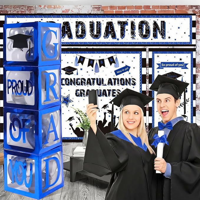 Graduation Decorations 2026, Navy Blue Graduation Decorations Transparent Balloon Boxes with Letters of GRAD, PROUD OF YOU,Class of 2026, Blue Silver Balloons Arch for High School College Grad Party
