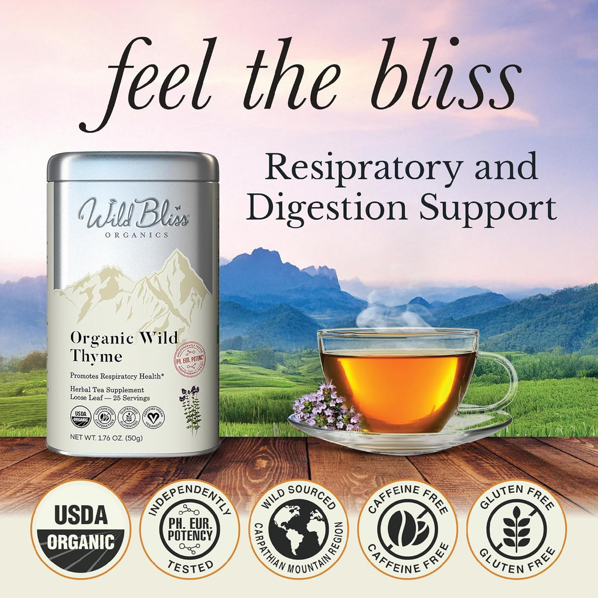 Wild Bliss Organic Wild Breckland Thyme Tea - Caffeine Free Loose Leaf Herbal Tea - Resipratory and Digestion Support - 1.76 Oz - 25 Servings