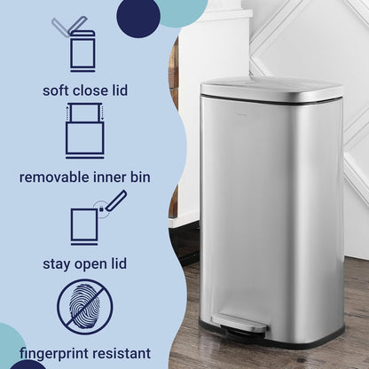 happimess HPM1011A Curtis 8-Gallon Step-Open Trash Can with Soft-Close Lid, Modern, Minimalistic, Fingerprint Proof for Home, Kitchen, Laundry Room, Office, Bedroom, Bathroom, Chrome