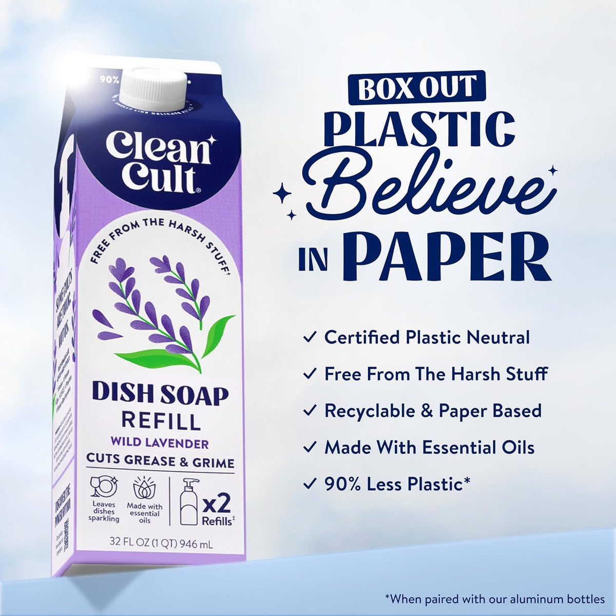 Cleancult Dish Soap Liquid Refill (32oz, 1 Pack) - Plant Based Cleaning Power - Dish Soap that Cuts Grease & Grime - Free of Harsh Chemicals - Uses 90% Less Plastic - Wild Lavender