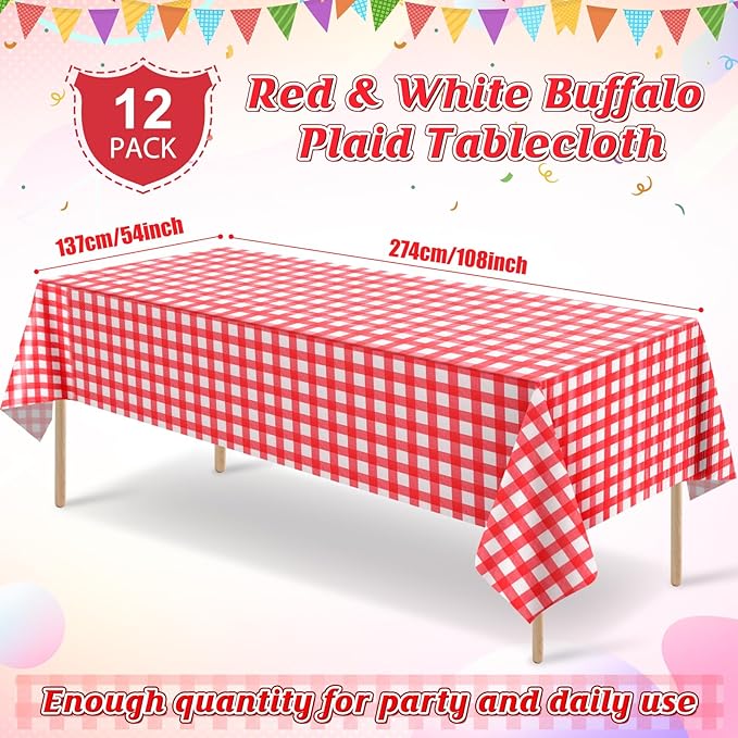 12 Pack Red and White Plastic Checkered Tablecloth, Premium Decorative Disposable Red Gingham Plaid Table Cloths for Parties, Rectangle Party Table Cover for Picnic Farm Birthday Wedding, 54x108 Inch