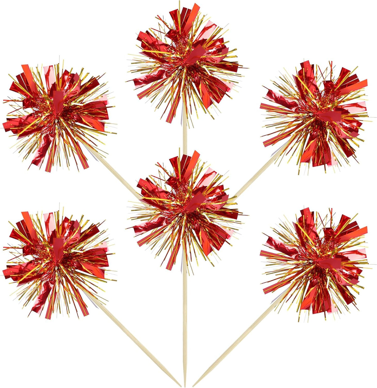 Gyufise 20Pcs Foil Firework Cupcake Toppers Sparkle Tinsel Cake Toppers Tinsel Drink Cake Decoration Cocktail Picks for Birthday Wedding Graduation Party Supplies Gold Red