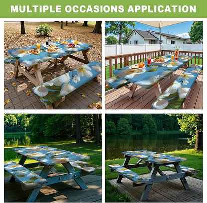 ANNA QUEEN 6FT White Flowers Spring Picnic Table Cover with Bench Covers Picnic Table Cover Set 3PCS 72"x30", Outdoor Bench and Tablecloth Furniture Protection