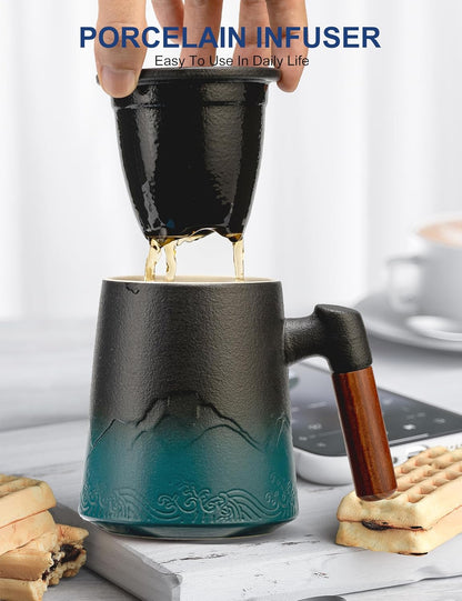 suyika Tea Cup with Infuser and Lid, 15.2 Ounce Wood Handle Ceramic Loose Leaf Mug Gradient Black&Green 450ml