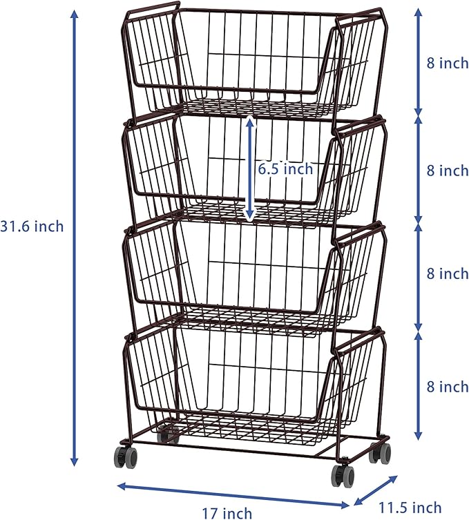 PUSDON 4-Tier Spacious Stackable Wire Storage Baskets with Wheels, Metal Rolling Utility Cart, Produce Basket for Pantry, Bathroom Organizer Shelf, Vintage Bronze