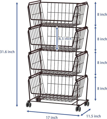 PUSDON 4-Tier Spacious Stackable Wire Storage Baskets with Wheels, Metal Rolling Utility Cart, Produce Basket for Pantry, Bathroom Organizer Shelf, Vintage Bronze