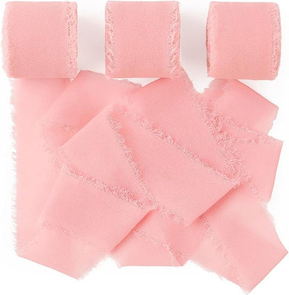Pink Chiffon Ribbon 1.5" x 21 Yd Handmade Fringe Silk Chiffon Fabric Ribbon for Gift Wrapping Wedding Invitation Bridal Flower Bouquet DIY Crafts Home Decor