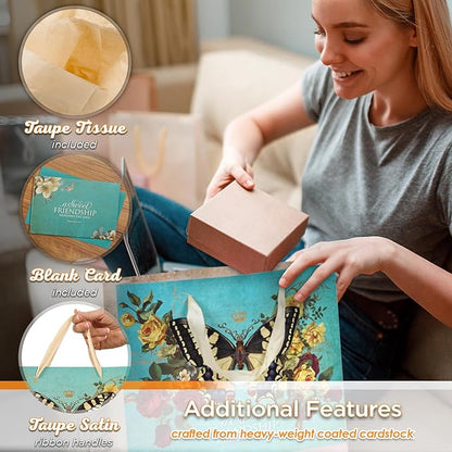 Christian Art Gifts Large Landscape Scripture Gift Bag for Women & Friends w/Card & Tissue Paper Set: Sweet Friendship - Prov. 27:9 Inspirational Bible Verse, Butterfly Multicolor Floral, Teal & Gold
