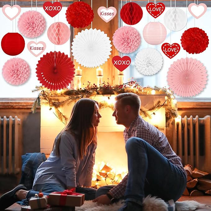 22pcs Valentines Day Party Decorations – Red Pink Paper Fans, Honeycomb Hanging, Tissue Pom Poms Kit for Classroom, Office, Birthday, Galentines Ceiling Decor