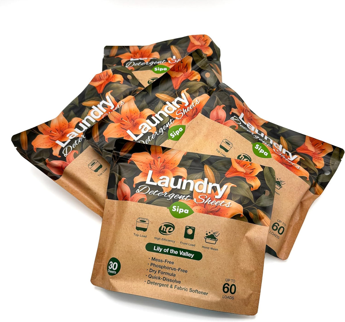 Pack of 5 SIPA Laundry Detergent Sheets Bag - 30 Sheets, Up to 60 Loads, Lily of the Valley Scent, Phosphorus-Free, High Efficiency, (30 Count (Pack of 5))