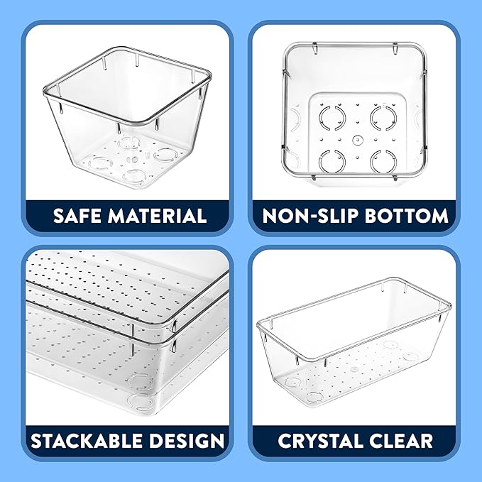 Emporio Kitchen Drawer Organizer Set - Includes 1-piece 9x6" bins, 2-piece 9x3" bins, 6-piece 6x3" Bins, 6-piece 3x3" Bins, Stackable 4 Size Storage Trays for Makeup, Kitchen, and Office, Pack of 15