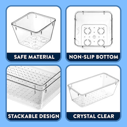 Emporio Kitchen Drawer Organizer Set - Includes 1-piece 9x6" bins, 2-piece 9x3" bins, 6-piece 6x3" Bins, 6-piece 3x3" Bins, Stackable 4 Size Storage Trays for Makeup, Kitchen, and Office, Pack of 15