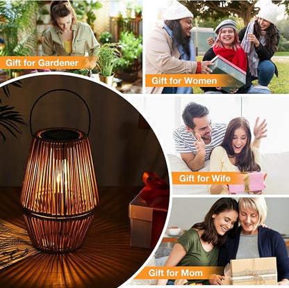 Uspring 3-in-1 Solar Lanterns Outdoor Waterproof Rattan Woven Hanging Solar Lights for Outside with Bright Lamp & LED Bead & 2 Handles, Garden Gifts Decor for Women Mom Patio Backyard Porch Deck