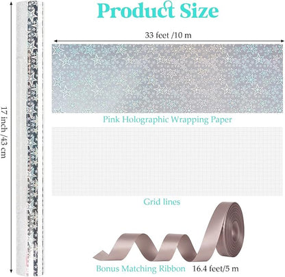 Bafeil Silver Holographic Star Wrapping Paper Roll with Ribbon, Metallic Shiny Gift Wrap, 17 in x 32.8 ft, Sparkly Silver Wrapping Paper for Birthday, Wedding, Graduation, Baby Shower & Holiday Gifts