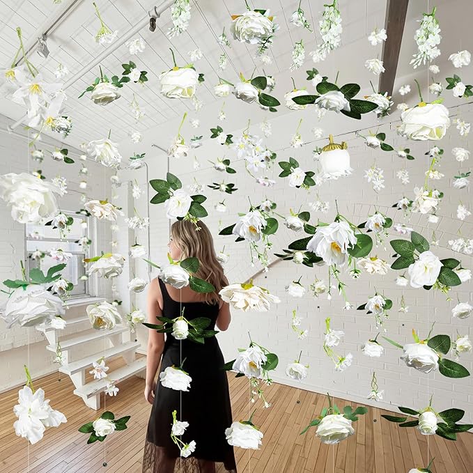 Suncalla 6 Pcs 35.46 ft Flower Garlands Backdrop Spring Artificial Wildflower Vines Floral Decorations for Party Fake Flower Vines Faux Silk Wildflower for Easter Wedding Garden Wall Arch (White)