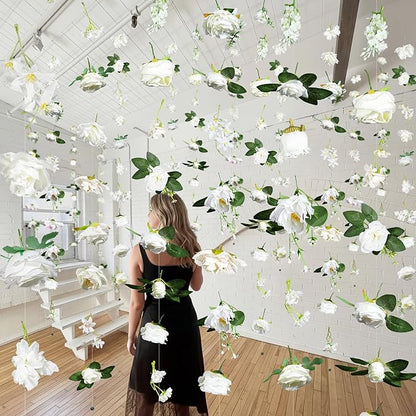 Suncalla 6 Pcs 35.46 ft Flower Garlands Backdrop Spring Artificial Wildflower Vines Floral Decorations for Party Fake Flower Vines Faux Silk Wildflower for Easter Wedding Garden Wall Arch (White)