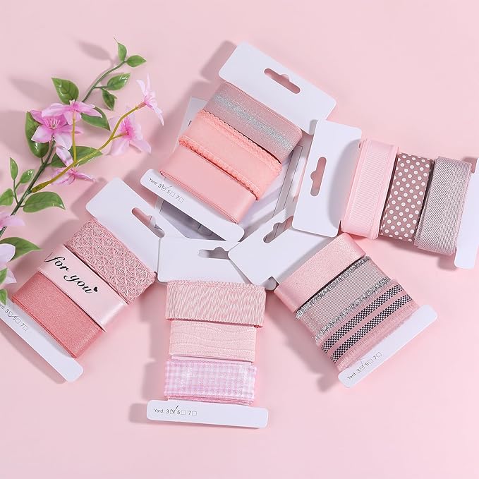 BEEFLYING 3 Styles Pink Wire Edged Ribbons for Gift Wrapping Decoration 25~28mm×2.7m Herringbone Ribbon Spot Ribbon for Wedding Party Decoration Hair Bows Flower Designs Sewing and Craft, 9 Yards