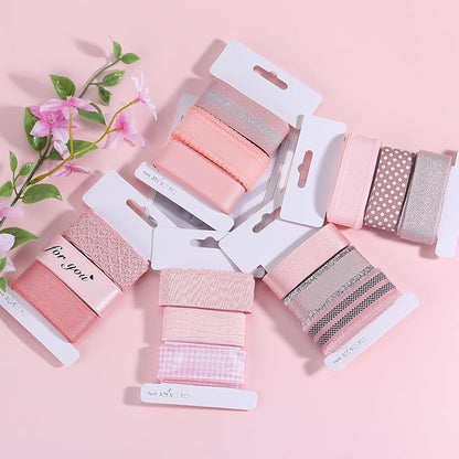BEEFLYING 3 Styles Pink Wire Edged Ribbons for Gift Wrapping Decoration 25~28mm×2.7m Herringbone Ribbon Spot Ribbon for Wedding Party Decoration Hair Bows Flower Designs Sewing and Craft, 9 Yards