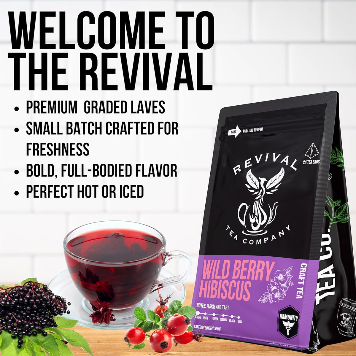 Revival Tea Company Wild Berry Hibiscus Tea - Herbal Tea Blend with Elderberry and Natural Wild Berry Flavor - Caffeine Free - 24 Tea Bags