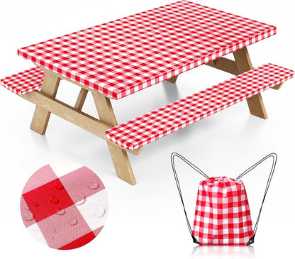 Picnic Table Cover with Bench Covers and Bag, Camping Table Camping Essentials Cover with Elastic Edges (Red)