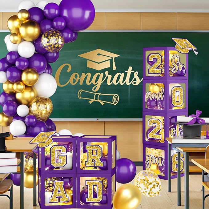 Graduation Decorations Class of 2026, Purple and Gold Graduation Decorations 2026, Purple Boxes Balloon Arch with Letters So Proud of You Grad 2026 for Memorable College Graduation Party Supplies