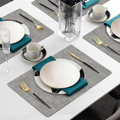 Faux Leather Heat Resistant Placemats Set of 8 – Waterproof Oilproof Wipeable Dining PU Vinyl Place Mat Easy Clean Table Mats for Kitchen/Dining/Party/Holiday, Light Grey