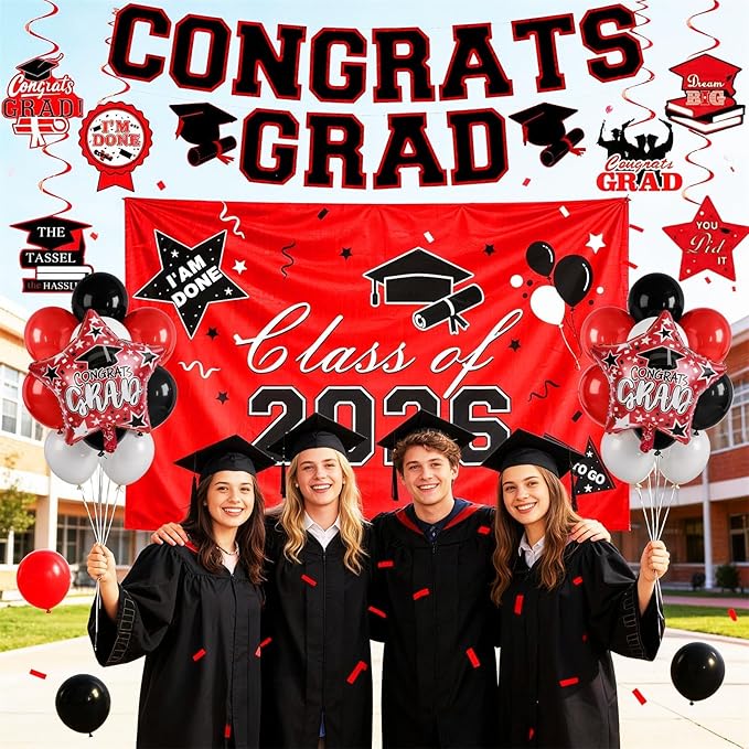 Graduation Decorations 2026, Red Black Graduation Party Decorations Set with Class of 2026 Backdrop Congrats Grad Banner 18inch Foil Grad Star Balloons Hanging Streamers Kit for High School College