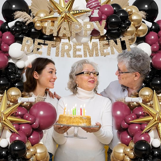 Burgundy Balloon Arch Garland Kit,Burgundy Maroon and Gold White Black Balloons Exploding Star Foil Balloons for New Year Decorations Graduation Retirement Birthday Wedding Party Supplies