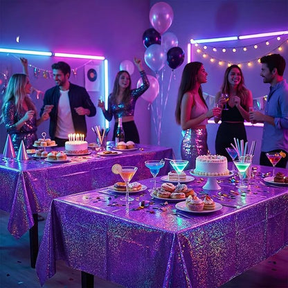 Purple Birthday Decorations - 2 Pack Laser Purple Tablecloth for K‑Style Demon Music Theme Birthday Decorations - Pink Party Decor for Korean Pop,Iridescent Party Decorations for Bachelorette Bridal