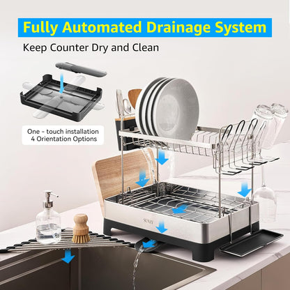 SUNLY 2 Tier Dish Drying Rack, Extra Large Dish Rack, Multifunctional Large Dish Drainers for Kitchen Counter, 304 Stainless Steel Kitchen Drying Rack, Bowl Drying Rack, Extendable Drain Spout, Black
