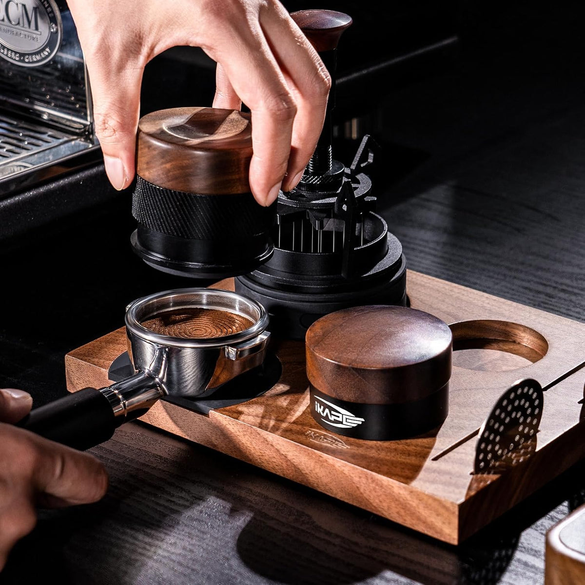 Ikape 58MM Espresso Tamper, New Wooden Handle Design，Premium Barista Coffee Calibrated Tamper with Spring Loaded