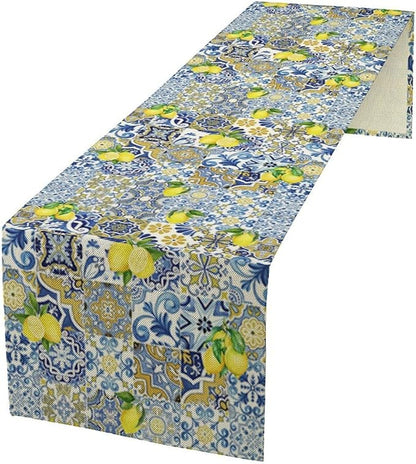 Farmhouse Rustic Lemon Table Runner,Vintage Morocco Blue Tiles Mediterranean Summer Fruit Print Table Runner for Kitchen Dining Table Home Party Decor 13x60in
