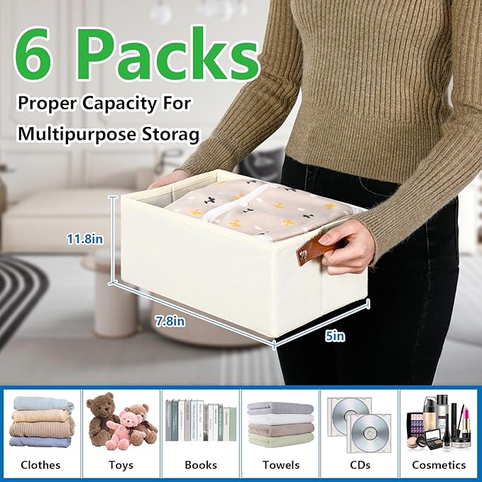 Bidtakay Collapsible Bins for Organizing - 6-Pack Hard Sided Closet Bins Cube Storage Baskets for Cabinet Pantry and Toy Organization - Ivory