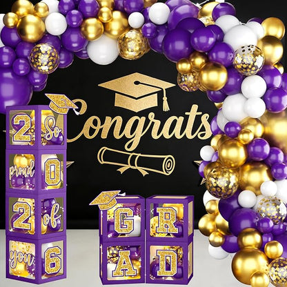 Graduation Decorations Class of 2026, Purple and Gold Graduation Decorations 2026, Purple Boxes Balloon Arch with Letters So Proud of You Grad 2026 for Memorable College Graduation Party Supplies
