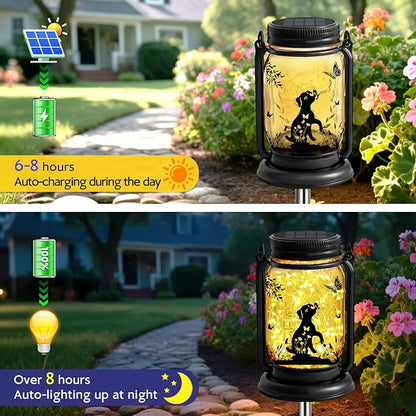 2 Pack Dog Solar Lanterns 3-IN-1 Outdoor Waterproof - Birthday Gifts for Dog Lovers Women Mom Christmas, Mason Jar Hanging Lanterns with Stake, Garden Decor Lights for Patio Yard Balcony Decorations