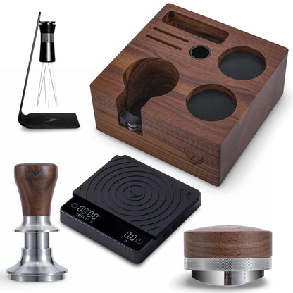54mm Espresso Tool Set for Breville Machines – Walnut Espresso Organizer, Spring Loaded Self Leveling Tamper, Distribution Tool