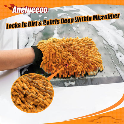 4 Pack Car Wash Mitt Microfiber, Premium Chenille Microfiber Wash Car Mitts Sponge Scratch Free & Lint-Free, Mitts Waterproof Lining Orange (8''X12'')