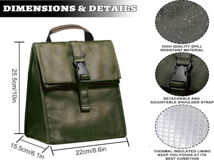 Insulated Foldable Lunch Bag- Lightweight Portable with Adjustable Shoulder Strap Lunch Box for Men, Women, Office, Work, Picnic, Hiking and Beach (Army Green(Soft Fabric))